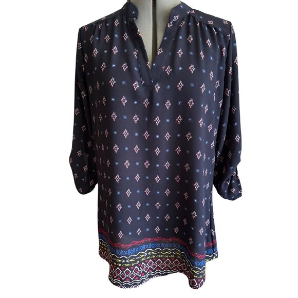 Cure Womens Navy Geometric Print Tunic Top Roll Tab Sleeves Lightweight Size L - Picture 1 of 8